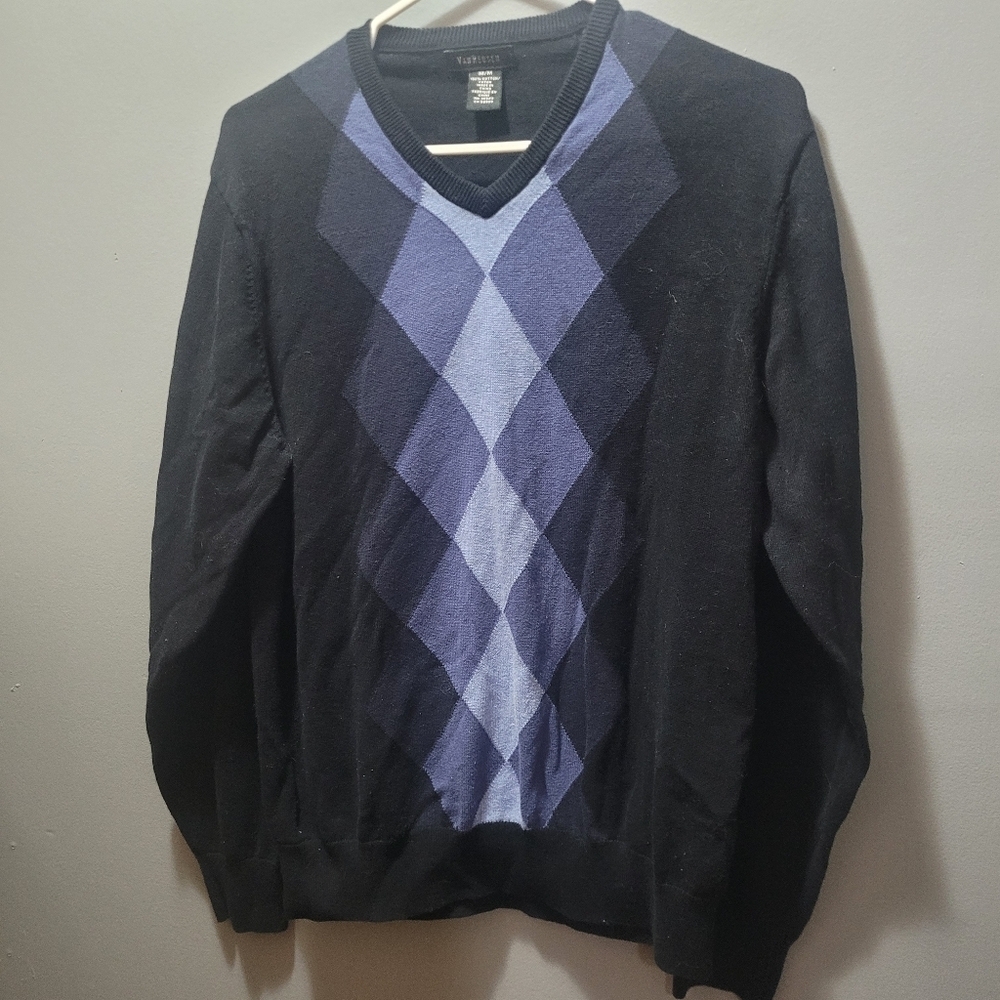 Van Heusen Black and Blue Argyle V- Neck Preppy Sweater Size M